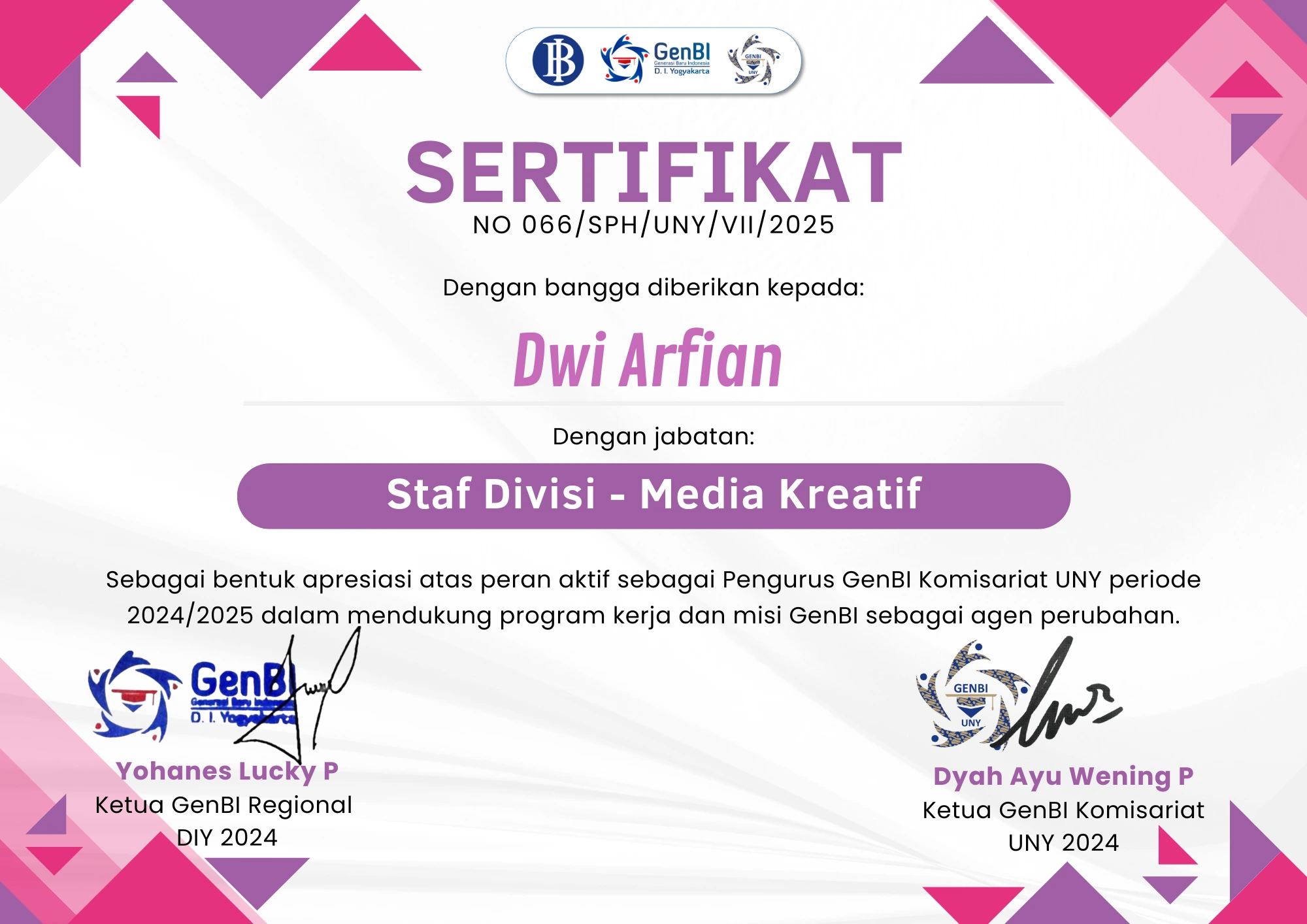 Sertifikat Pengurus GenBI