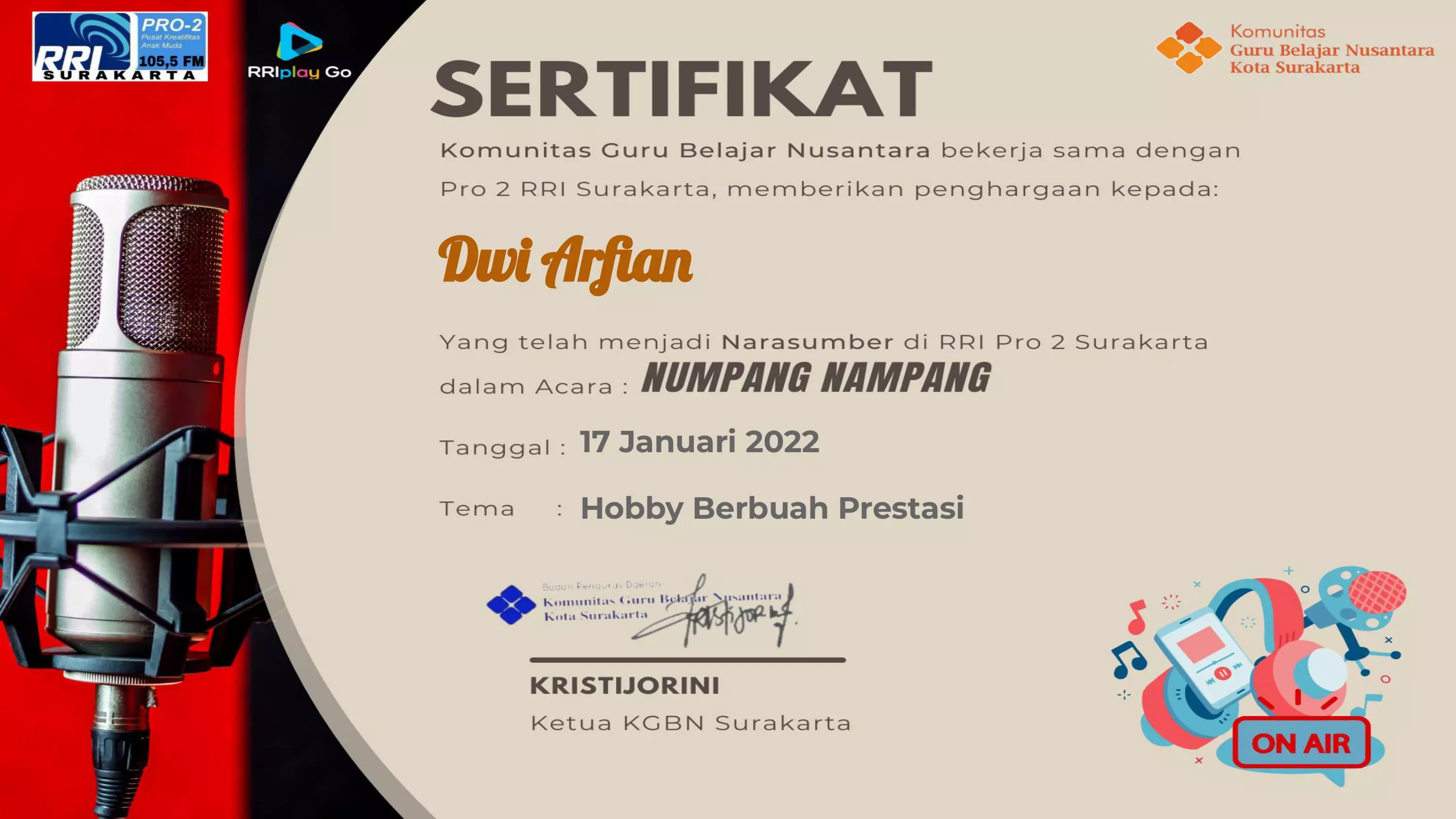 Sertifikat Pembicara RRI Solo